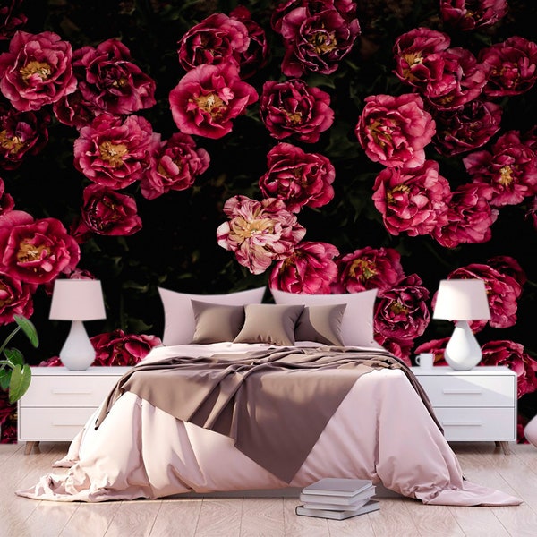 Dark Flower Wallpaper Bedroom.  Black Floral Wallpaper Removable. Wallpaper Mural Self Adhesive Wallpaper Pink Peel and Stick Peony X230