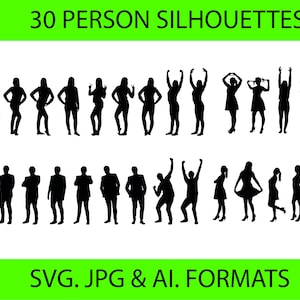 Puede incluir: Un conjunto de 30 imágenes de siluetas negras de personas en varias poses. Las imágenes están en formatos SVG, JPG y AI.  30 PERSON SILHOUETTES. SVG. JPG & AI. FORMATS