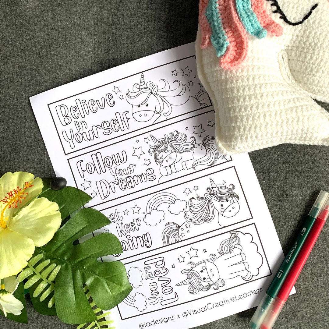 unicorn colouring bookmark set a printable etsy