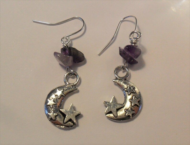 Gemstones Goddess Inspired Earrings in Tibetan Silver with Amethyst Imbolc Earrings Moon Pagan