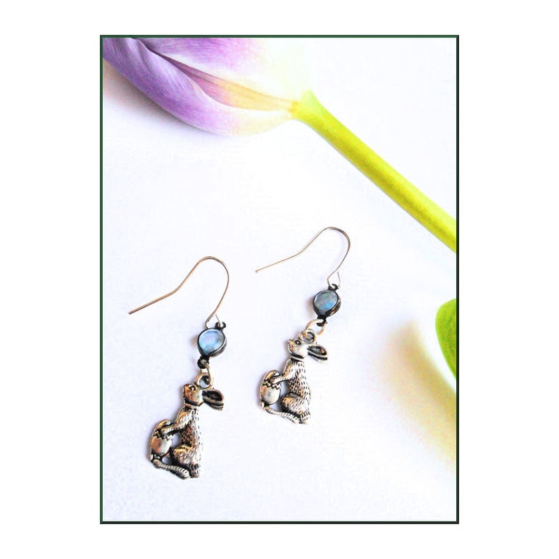 Bunnies Earrings Ostara Hare Eggs Pagan Spring Festival Vintage Blue Bead Easter Bunny Earrings in Tibetan Silver Easter