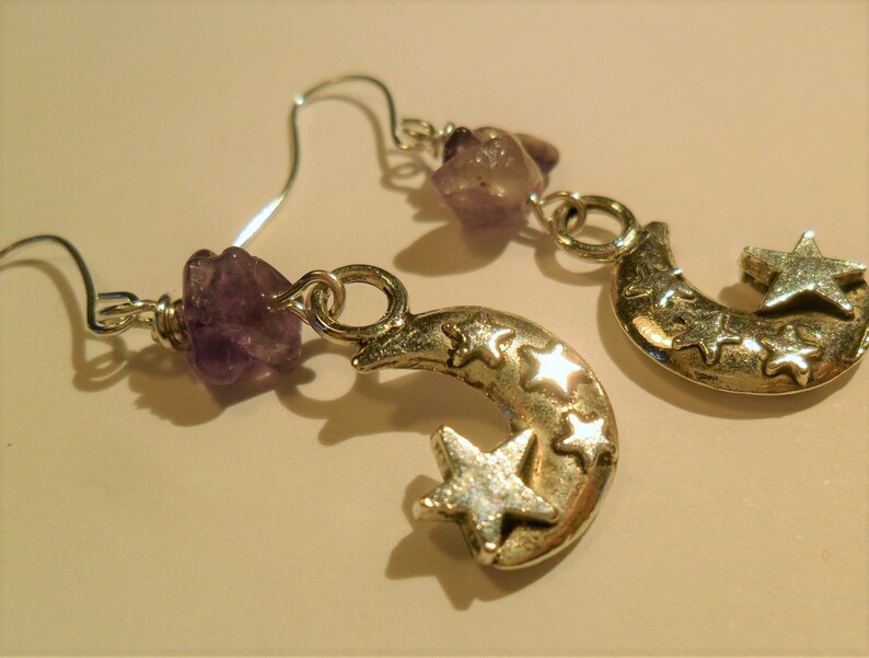 Gemstones Goddess Inspired Earrings in Tibetan Silver with Amethyst Imbolc Earrings Moon Pagan