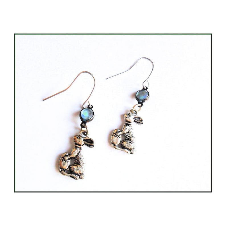 Bunnies Earrings Ostara Hare Eggs Pagan Spring Festival Vintage Blue Bead Easter Bunny Earrings in Tibetan Silver Easter