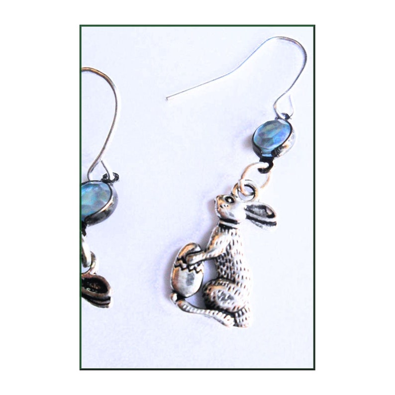 Bunnies Earrings Ostara Hare Eggs Pagan Spring Festival Vintage Blue Bead Easter Bunny Earrings in Tibetan Silver Easter