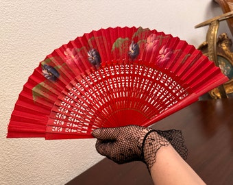 Vintage Spanish Fan - Fabric and Wood - Hand Folding Fan - Hand Painted