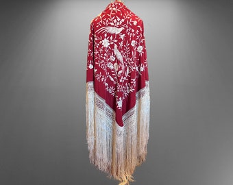 Vintage silk manila shawl (manton) for flamenco. It has double sided hand embroidery and long fringe.Piano Shawl