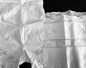 Antique linen - cambric trousers and a shirt with lace and embroidery. French lingerie. Monogram