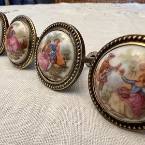 4 Antique brass furniture handles with porcelain medallion, inspired by the drawings of Fragonard Jean-Honoré. image 2