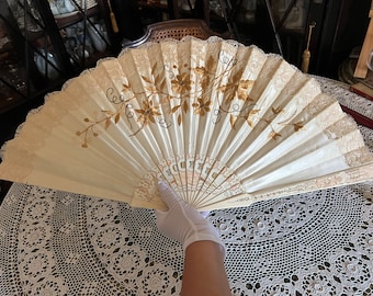 Antique silk fan with embroidery. Spanish antique fan. Silk fan with lace and embroidery.Antique Bone Fan