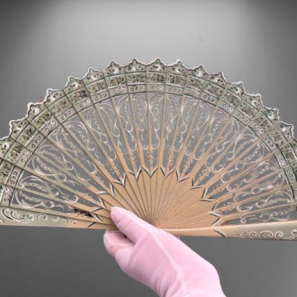 Vintage Spanish Fan - Fabric and Wood - Hand Folding Fan - Hand Painted