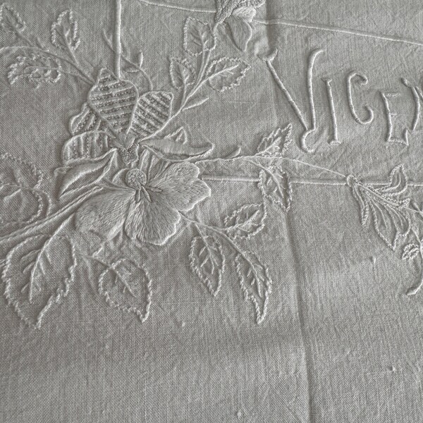 Antique top sheet. Vintage bed sheet with monogram, embroidery and handmade lace. French lingerie.