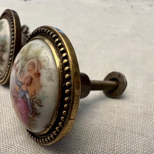 4 Antique brass furniture handles with porcelain medallion, inspired by the drawings of Fragonard Jean-Honoré. image 3