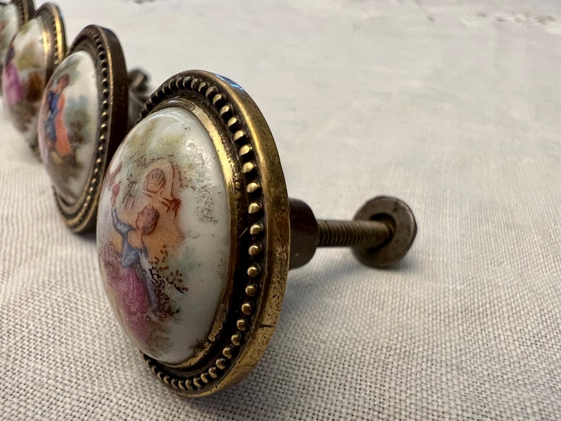 4 Antique brass furniture handles with porcelain medallion, inspired by the drawings of Fragonard Jean-Honoré. image 3