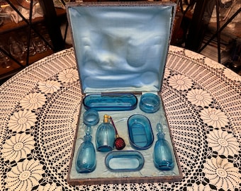 Antique glass dressing table - set of 8 pieces. Sapphire glass. Original box. Not used.