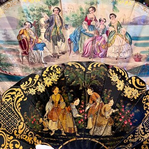 A stunning antique fan made from black lacquered wood. Fine elegant painting, gold engraving. Spanish antique fan. Self made. Victorian fan. image 3