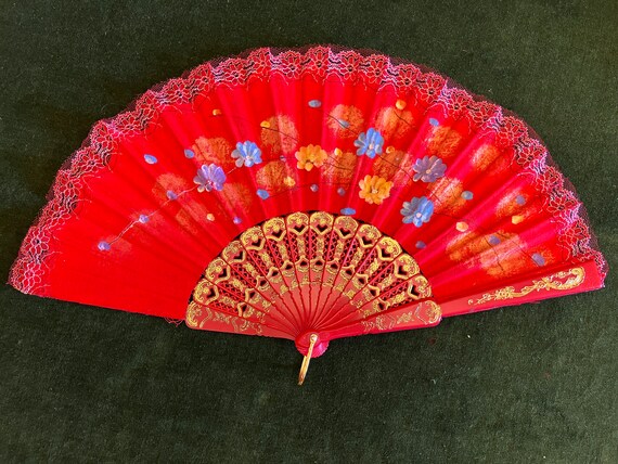 Vintage Spanish fan - fabric, lace and bacolite -… - image 2