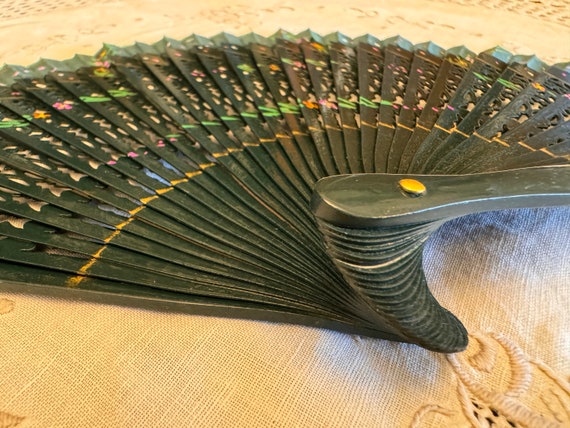 Vintage Spanish Fan - Fabric and Wood - Hand Fold… - image 3