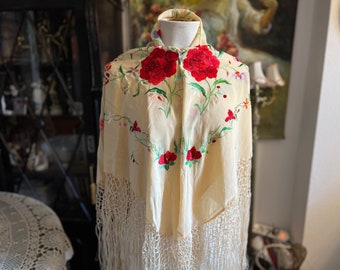 Vintage silk manila shawl (manton) for flamenco. It features double-sided hand embroidery and long fringe.