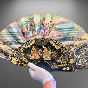 A stunning antique fan made from black lacquered wood. Fine elegant painting, gold engraving. Spanish antique fan. Self made. Victorian fan. image 1