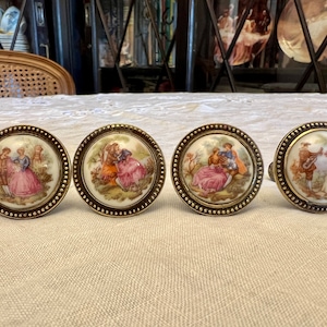 4 Antique brass furniture handles with porcelain medallion, inspired by the drawings of Fragonard Jean-Honoré. image 1