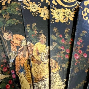 A stunning antique fan made from black lacquered wood. Fine elegant painting, gold engraving. Spanish antique fan. Self made. Victorian fan. image 6