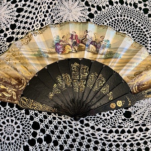 A stunning antique fan made from black lacquered wood. Fine elegant painting, gold engraving. Spanish antique fan. Self made. Victorian fan. image 7