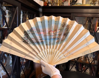 Antique hand-painted silk fan. Spanish antique fan. Antique bone fan. Fan from 1900