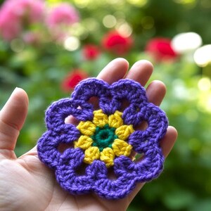 Crochet pattern violet flower coaster, hot pad pdf + Video