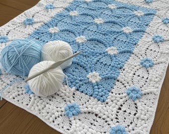 crochet  flowers blanket blue and white afghan pattern pdf tutorial + Video
