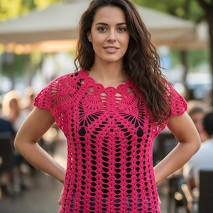 Haut chemisier élégant en dentelle rouge ananas au crochet + Vidéo