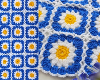 Crochet blue daisy flower motif blanket afghan pattern pdf