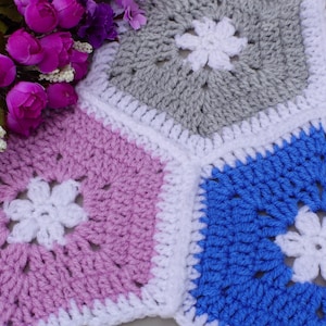 Crochet pattern easy colorful hexagon with flower blanket, afghan pdf + Video