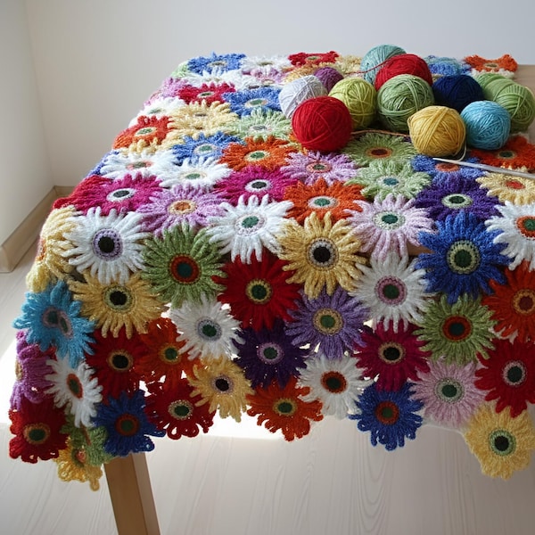 Crochet pattern colourful daisy flower blanket,afghan, rug pdf tutorial +  Video