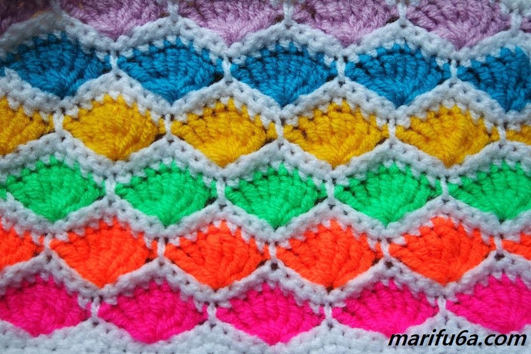 Crochet Pattern Colourful Shell Blanket, Afghan, Rug, Stitch Step by ...