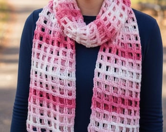 Crochet Pattern PDF + Video – Easy Pink Mesh Lace Scarf