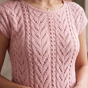 May include: A light pink, short-sleeved knit top with a round neckline. The top features a detailed, openwork leaf pattern throughout the front and sleeves. A gold necklace with a pendant is visible at the neckline.