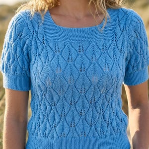 May include: A sky blue knitted top with a square neckline and short sleeves. The top showcases an intricate openwork design across the front and sleeves. The knitwear has a ribbed hem and cuffs, providing a textured and fashionable appearance.