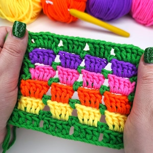 Può includere: Primo piano di un progetto all'uncinetto colorato con una base verde e file di punti viola, rosa, arancioni e gialli.