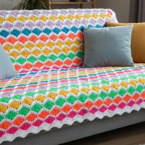 Padrão de crochê para manta de conchas coloridas, tapete, ponto passo a passo + Vídeo