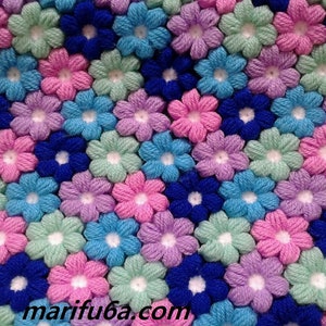 Crochet blanket, Puff flowers, Pattern, PDF, English + Video