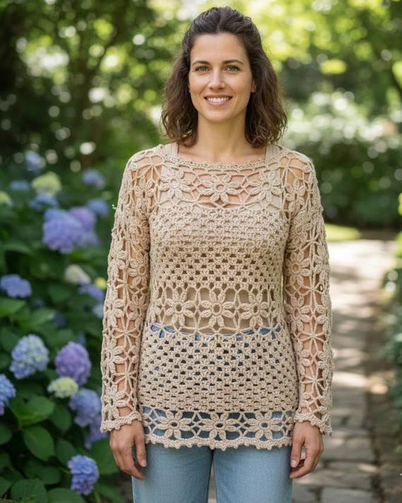 Crochet Flowers Pullover Sweater Tunic Pattern Pdf + Video - Etsy