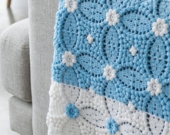 crochet  flowers blanket blue and white afghan pattern pdf tutorial + Video