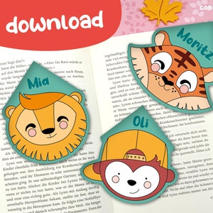 Download 3 corner bookmarks with cute tiger, lion and monkey