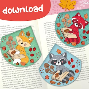 Download 3 Eck-Lesezeichen mit niedlichem Waschbär, Fuchs und roten Panda