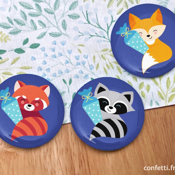 Magnet / Button zur Einschulung mit rotem Panda, Waschbär und Fuchs