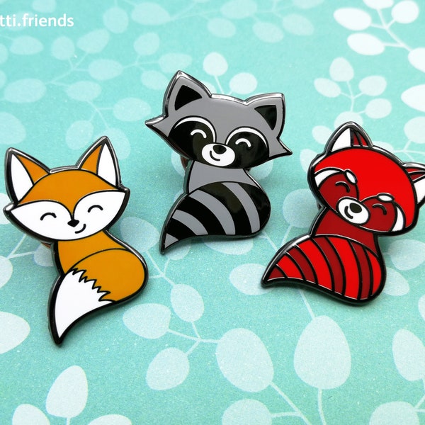 Emaille-Pin mit niedlichem Waschbär, Fuchs und rotem Panda