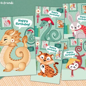 Karten – chinesische Tierkreiszeichen Schlange, Tiger, Affe, Hase, Drache