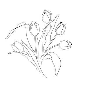 Dibujo de línea de tulipán, Impresión digital de arte de línea de flor de tulipán, Dibujo de línea de flores