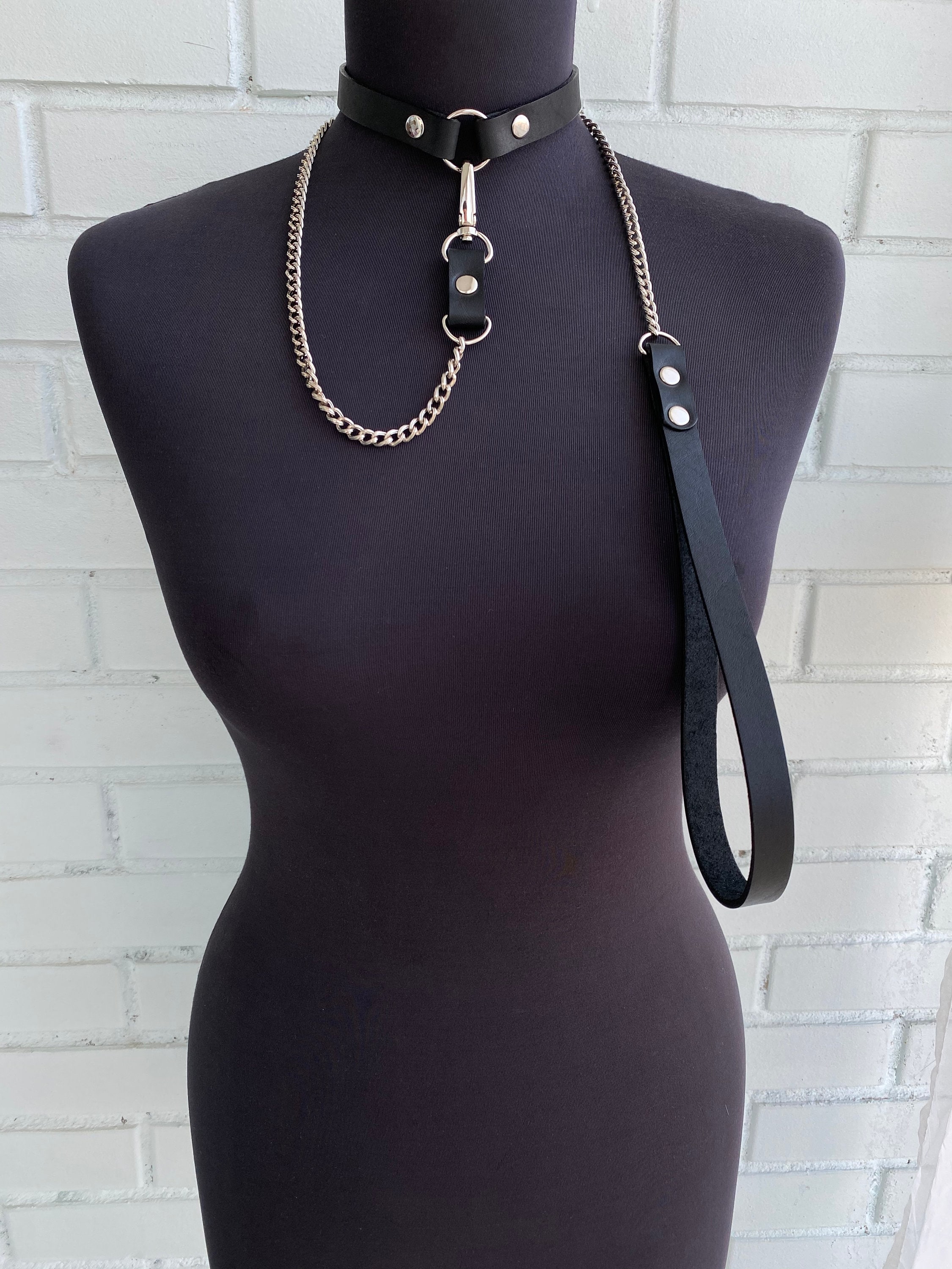 Thin red or black choker with leash Choker with chain leash / Etsy