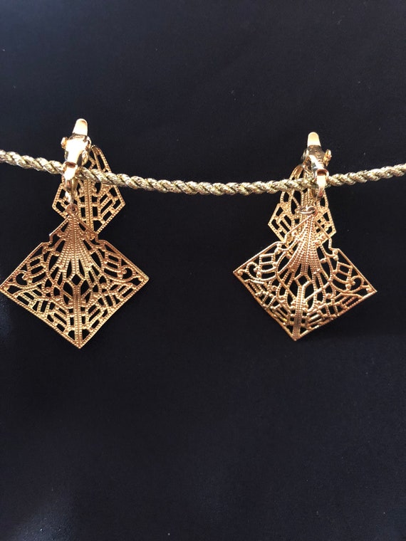 Trifari Tm square filigree dangle clip on earrings - image 2